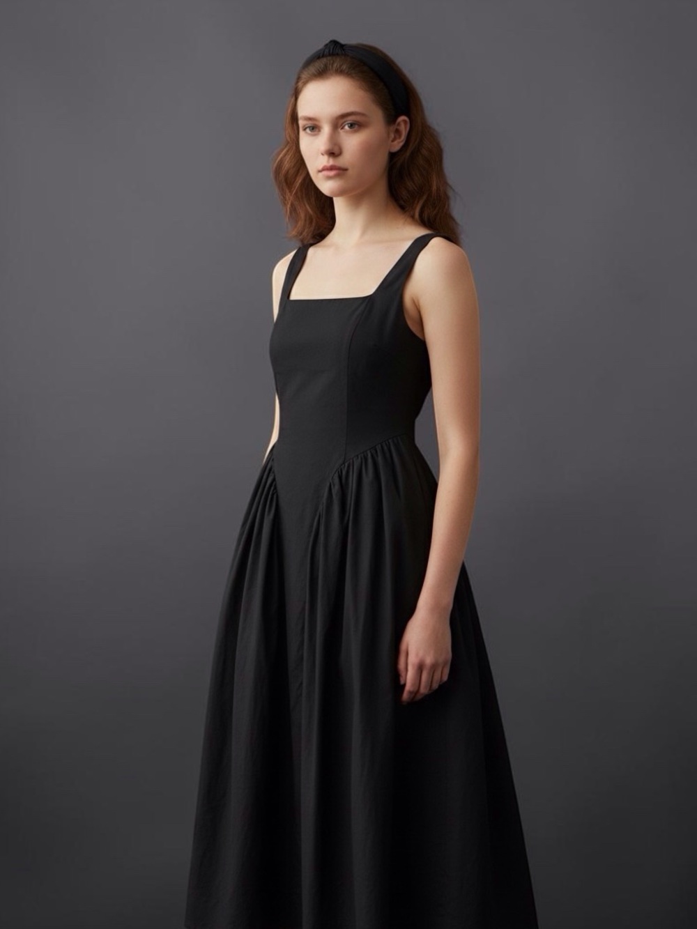 Black Square-Neck Cotton Dress with Gathered Skirt